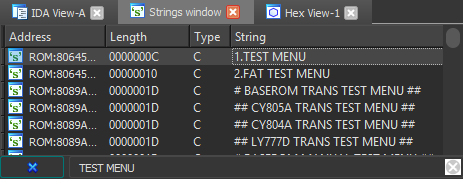 Searching for TEST MENU in the Strings window