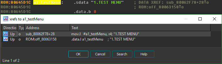 Cross references to the 1.TEST MENU string