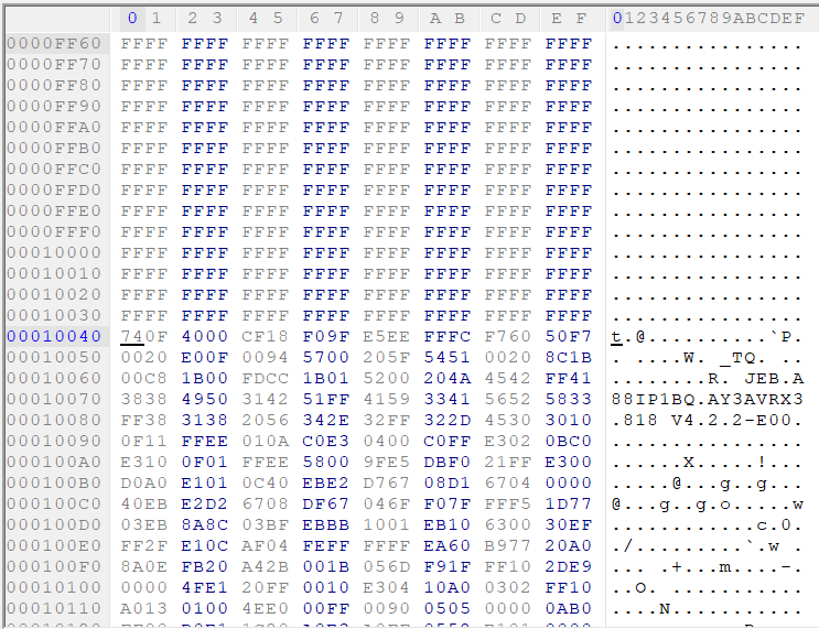 The firmware image is open in a hex editor. 0xFF bytes are constant, until offset 0x10040, where actual data and a semi-ASCII string is visible.