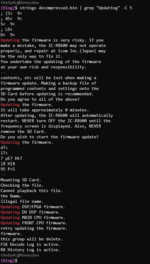 The strings command is run on the decompressed bin file and piped to grep which searches for the full string "Updating". The output shows the original strings from the firmware update dialog, and more.