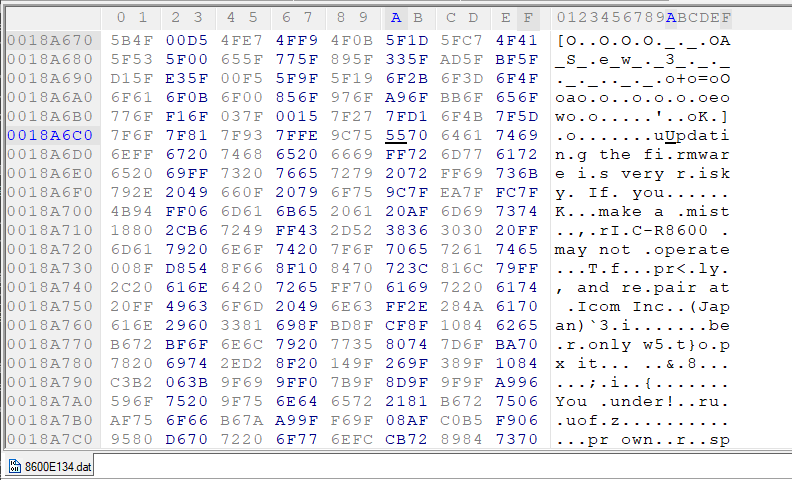 The raw firmware image is open in a hex editor, where the string snippets previously seen are visible. They are not null-terminated, and are broken up by single bytes and on occasion much longer sequences of bytes with unclear purpose.