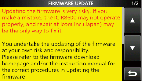 The device's firmware update screen, which reads "Updating the firmware is very risky. If you make a mistake, the IC-R8600 may not operate properly, and repair at..." which continues for many more lines.