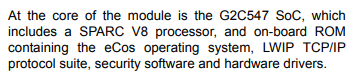 A screenshot of the G2M5477's datasheet, a related module, which reads "At the core of the module is the G2C547 SoC, which includes a SPARC v8 processor, and on-board ROM containing the eCos operating system, LWIP TCP/IP protocol suite, security software and hardware drivers."