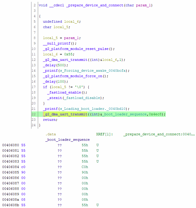 The flash_load executable disassembled in Ghidra. The disassembly of the _prepare_device_and_connect function is visible, which ends with a call to a UART transmission function, passed a variable with the name _boot_loader_sequence.