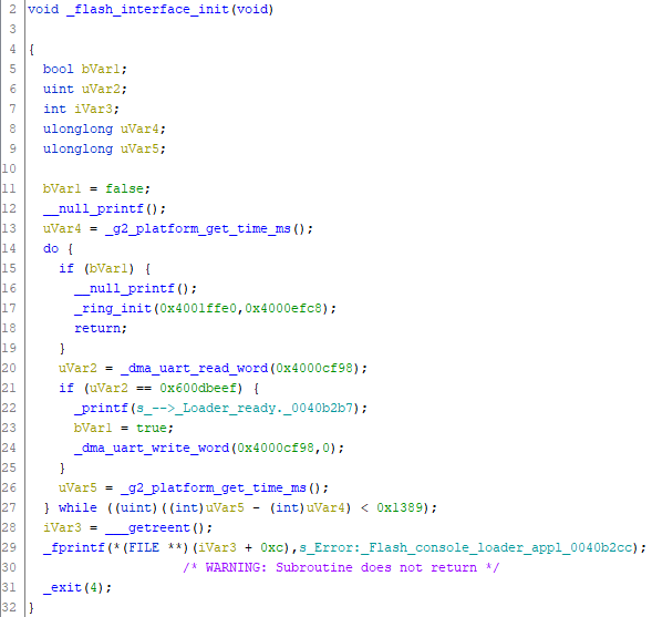 The _flash_interface_init function disassembled. Two calls are visible: _dma_uart_read_word and _dma_uart_write_word, which both take an address parameter.