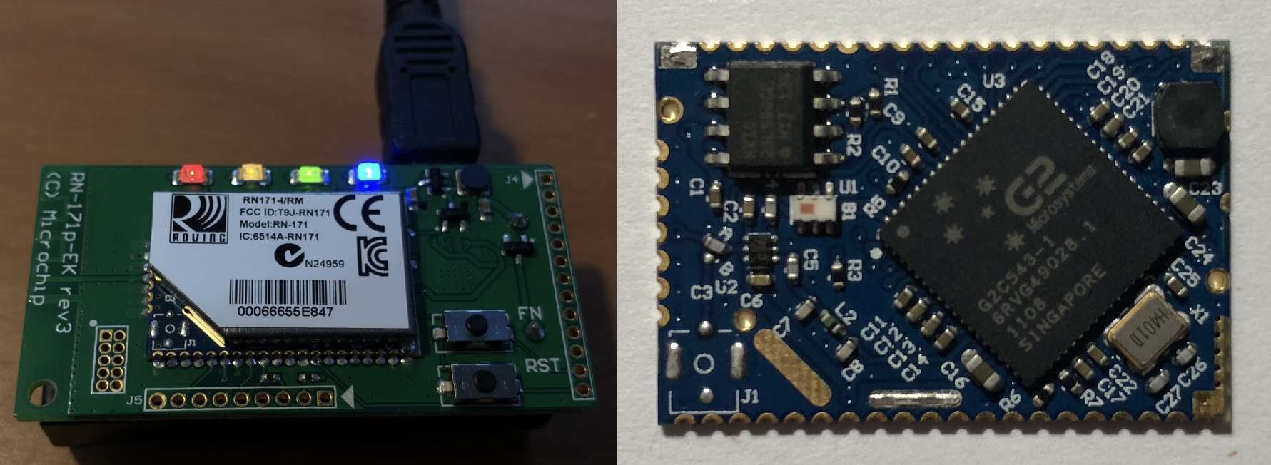 The RN-171 on an RN-174p-EK dev board, and an RN-171 with the shield removed.