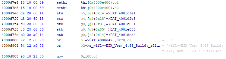 A disassembly listing showing the address 0x4000e400 being loaded into register o2 through a sethi and or instruction, which in the listing is annotated with the string beginning "wifly" it points to.